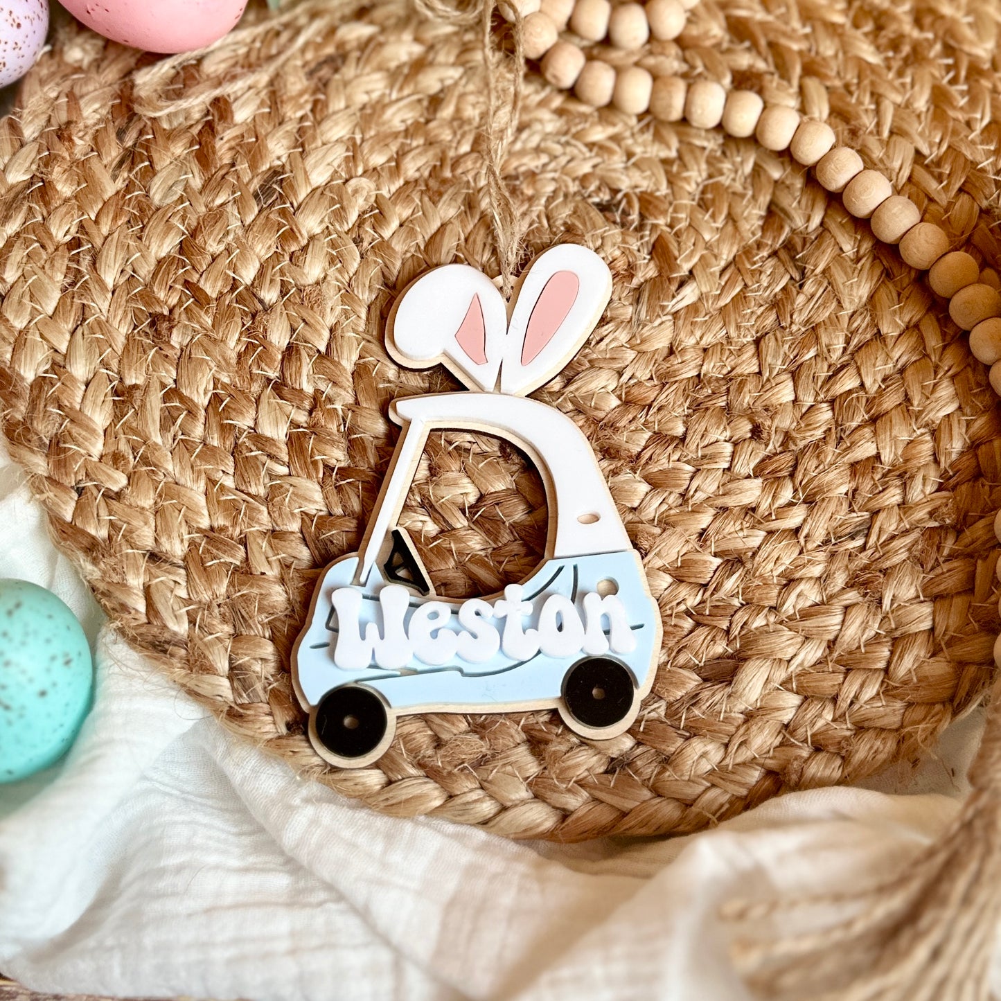 Little Kid Push Car With Bunny Ears Easter Basket Name Tag