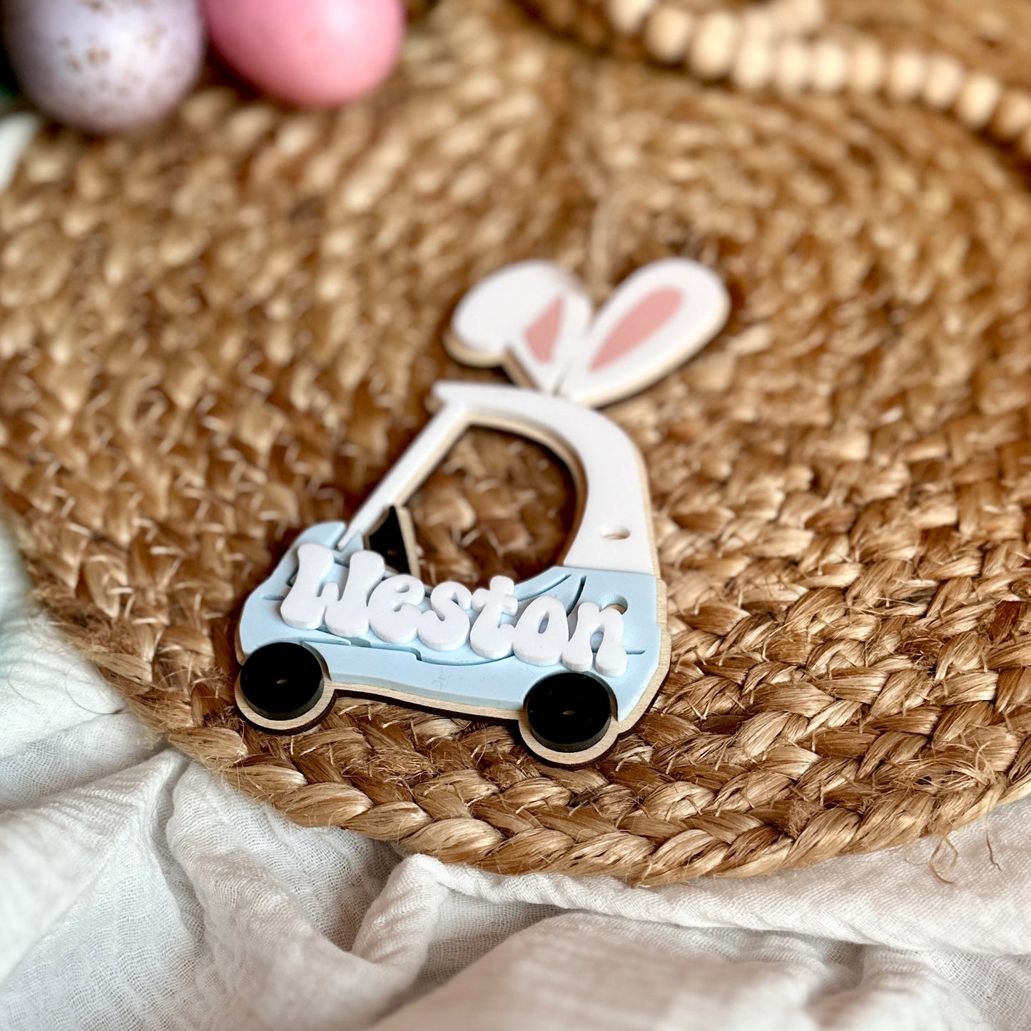 Little Kid Push Car With Bunny Ears Easter Basket Name Tag