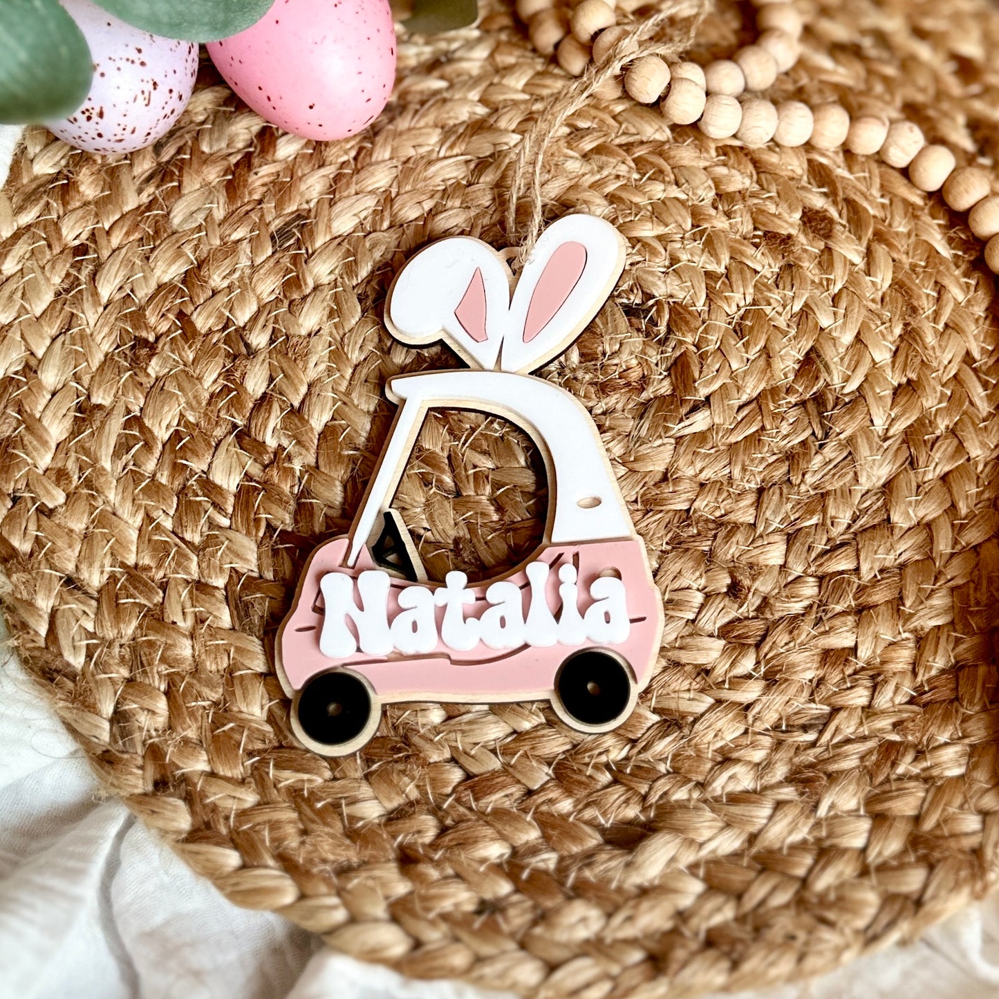 Little Kid Push Car With Bunny Ears Easter Basket Name Tag