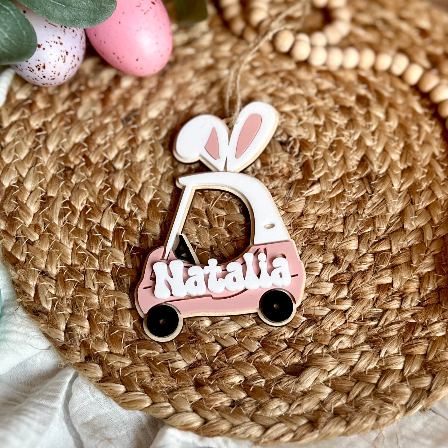 Little Kid Push Car With Bunny Ears Easter Basket Name Tag