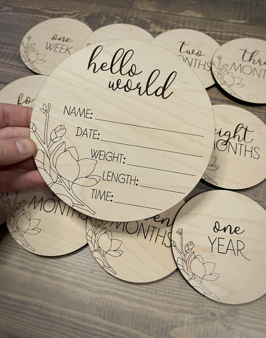 Floral baby milestones, monthly milestones,  Baby shower gift Toronto, GTA, Durham region, laser engraved wood, wooden monthly disc